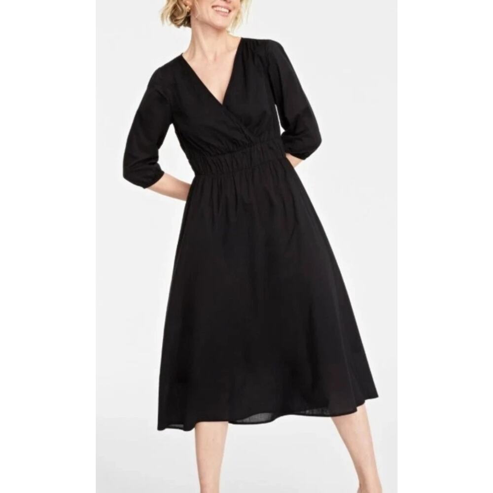 ON 34TH Women's Black Midi Dress V-Neck Elastic Waist 3/4 Sleeve | Size 2X